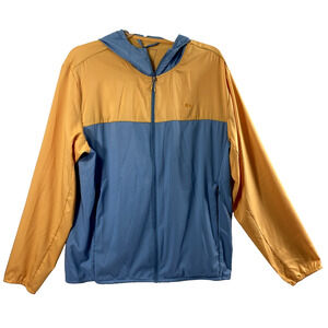 Mens Windbreaker Jacket Size Medium Full Zip Pockets Orange Gray Hood Outdoors
